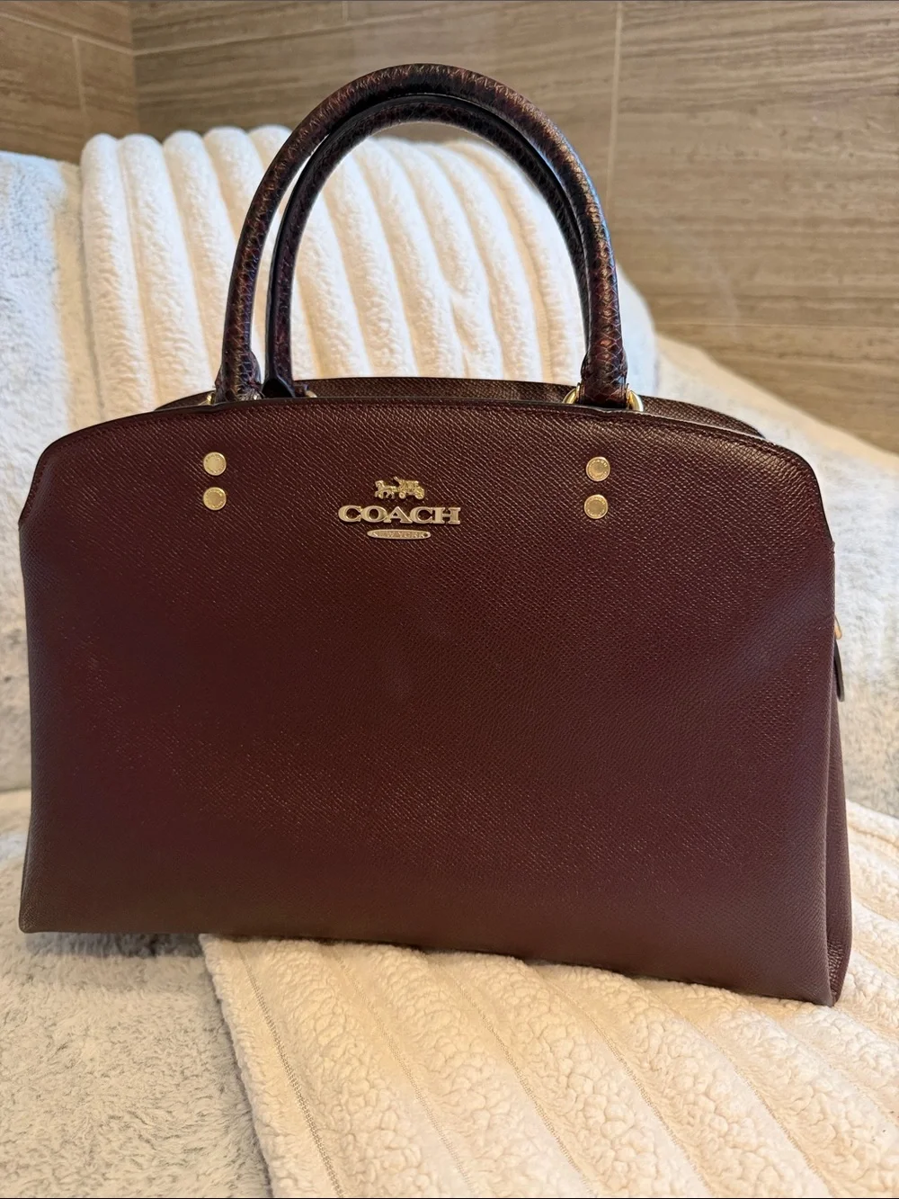 Coach Structured Leather Satchel in Burgundy with Gold Hardware
